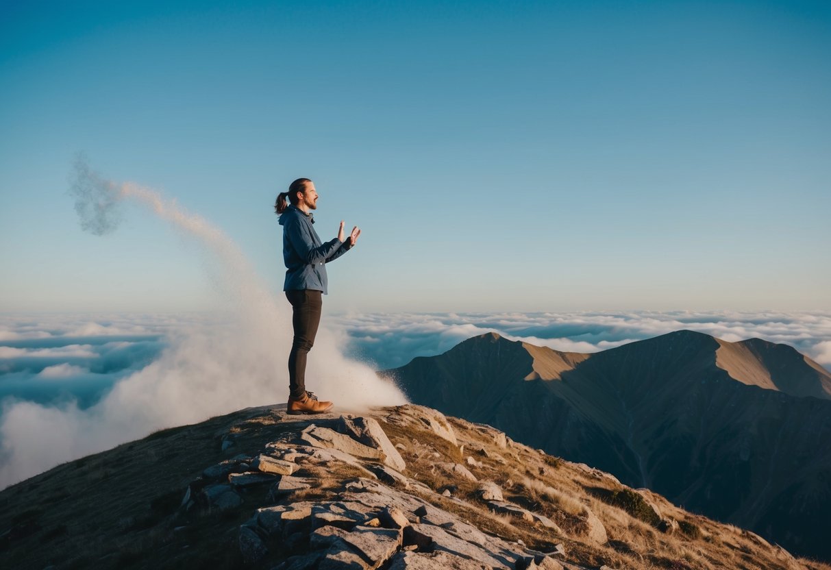 A person standing on a mountaintop, surrounded by swirling winds and speaking into the open air with confidence and determination