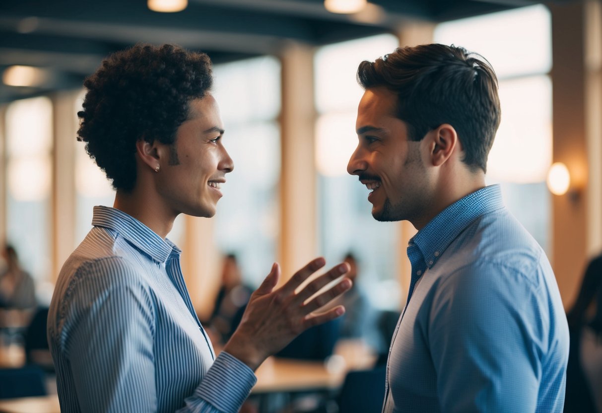 Two figures facing each other, with open body language and engaged expressions. One figure is speaking while the other listens attentively