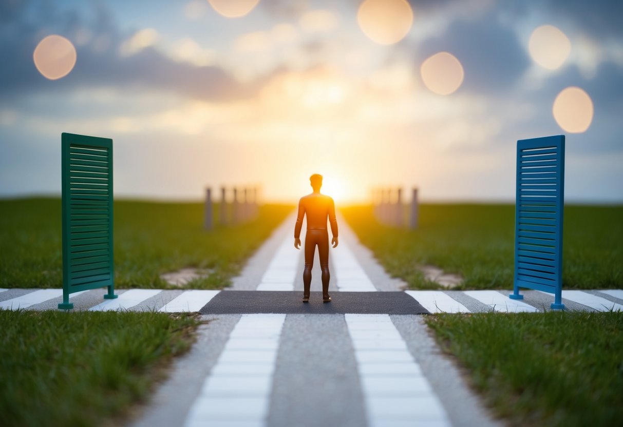 A figure stands at a crossroads, one path leading to open communication and the other to barriers and conflict. The figure is contemplating which path to take, symbolizing the challenges of speaking one's truth in relationships