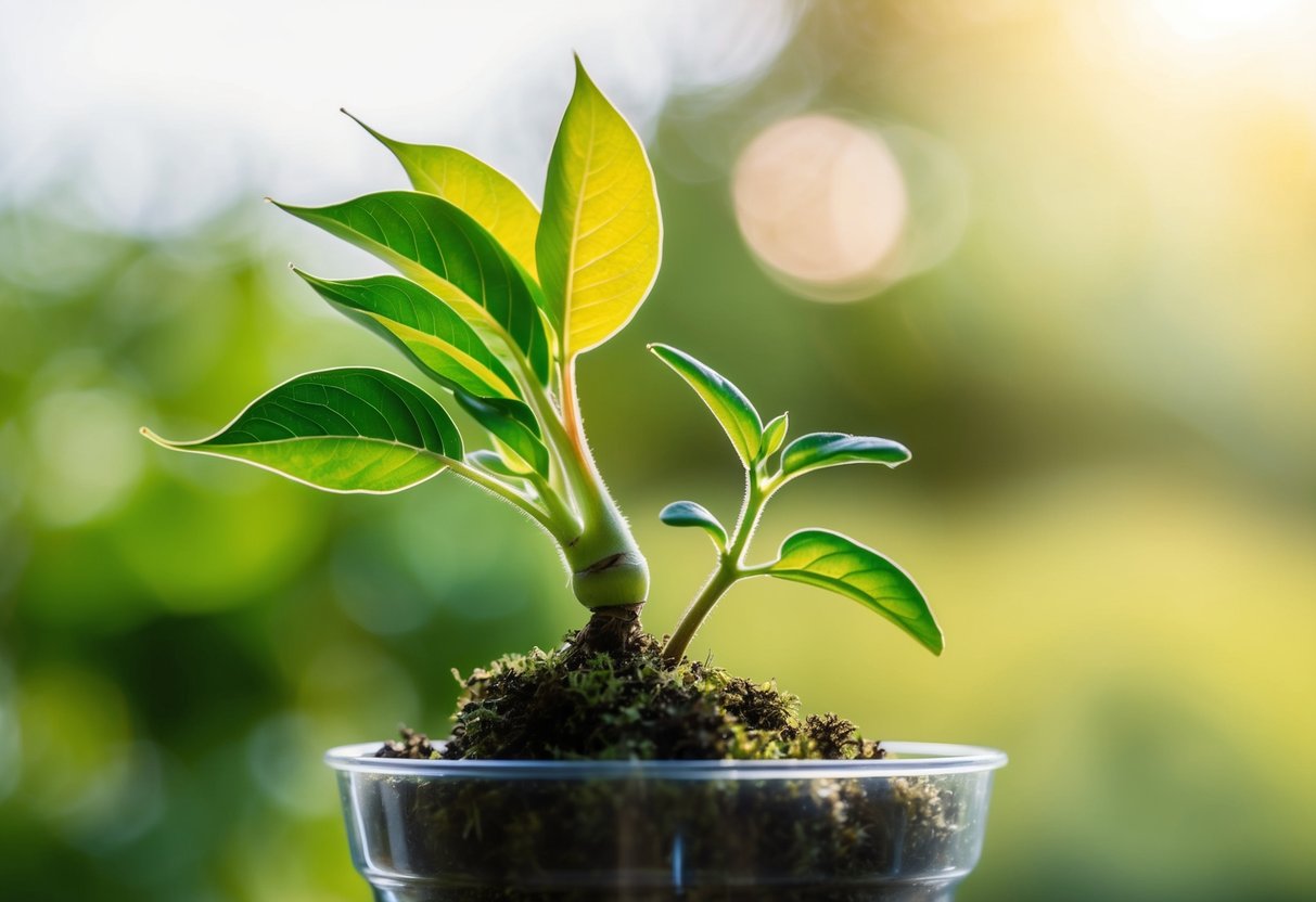 Two plants entwined, one with vibrant green leaves and the other with new growth sprouting from its stem, symbolizing healing and growth through honest conversations in relationships