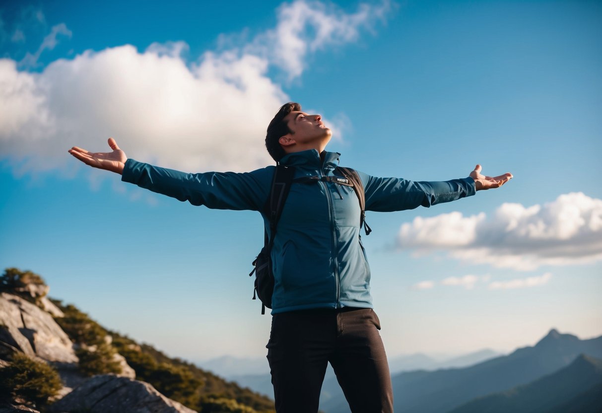 A person standing on top of a mountain, arms outstretched, surrounded by nature and looking up at the sky with a sense of freedom and empowerment