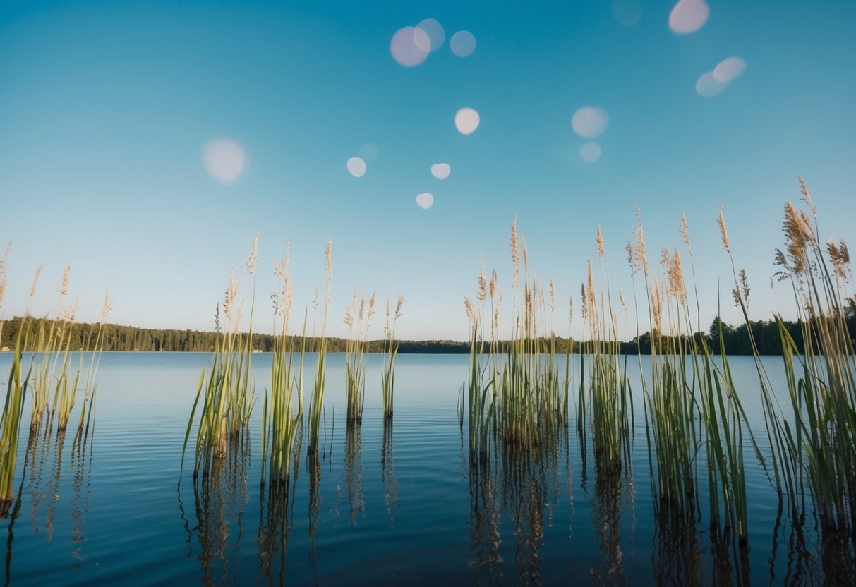 A serene lake surrounded by tall, whispering reeds under a clear blue sky