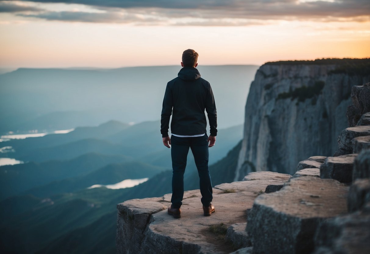 A person standing on the edge of a cliff, looking out at a vast and daunting landscape, with a sense of determination and courage in their posture