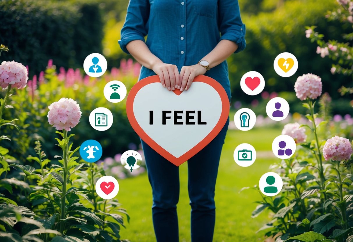 A person stands in a peaceful garden, surrounded by blooming flowers and lush greenery. They are holding a heart-shaped sign with the words "I feel" written on it, surrounded by ten different symbols representing various needs