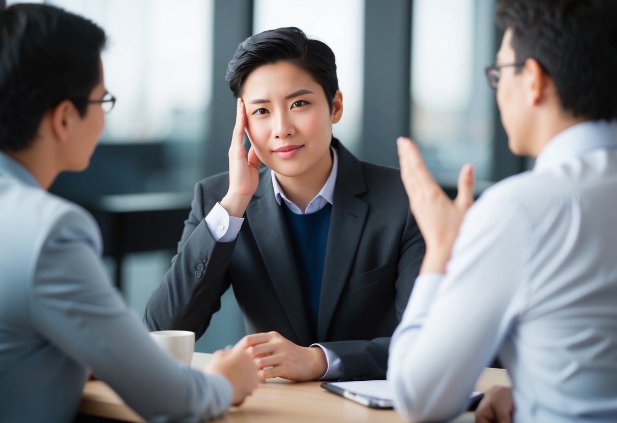 A person sitting with a focused expression, nodding while another person speaks. The listener's body language shows attentiveness and understanding