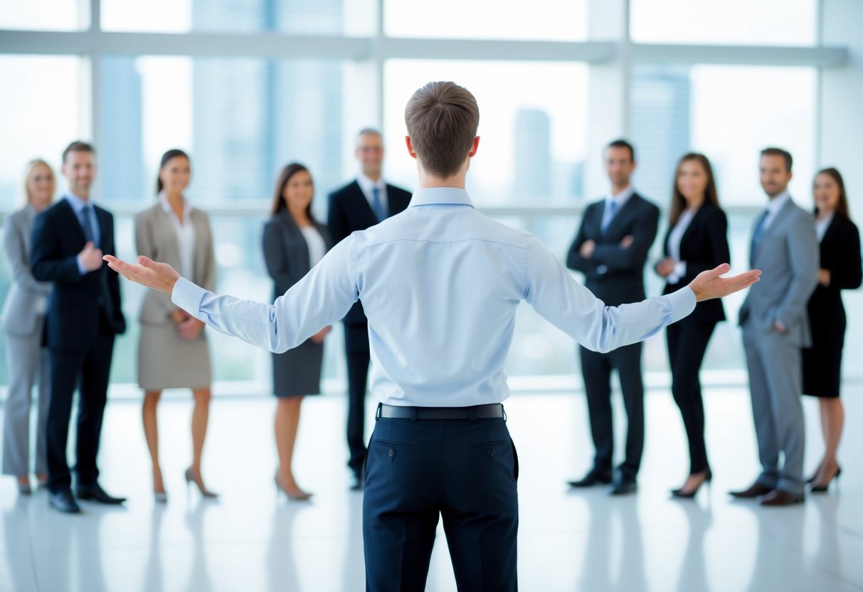 A figure standing with arms open, facing a group of people, expressing confidence and openness