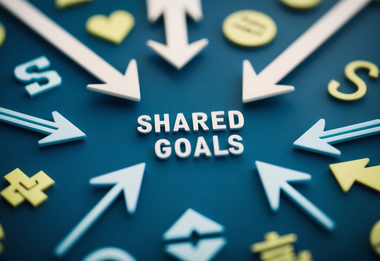 A group of arrows pointing in the same direction, symbolizing shared goals, surrounded by various symbols representing different needs