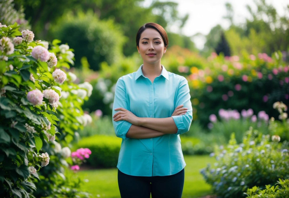 A person standing in a peaceful garden, surrounded by blooming flowers and lush greenery, with a serene expression on their face as they communicate their needs confidently