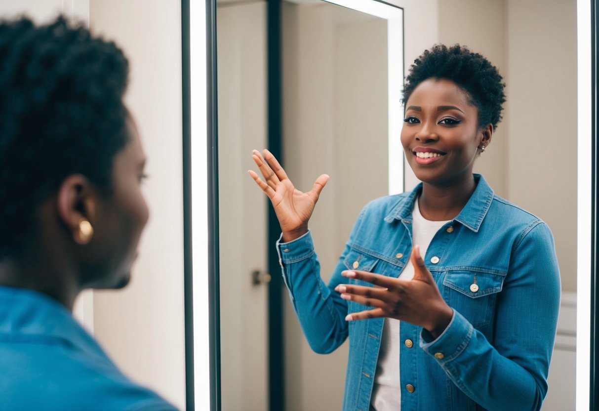 A person standing in front of a mirror, confidently gesturing and expressing themselves through body language and facial expressions