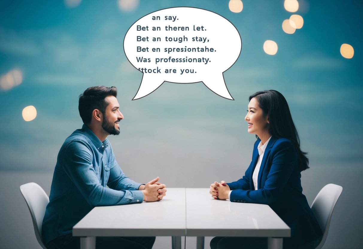 A couple sits across from each other at a table, one person speaking while the other listens intently. A speech bubble hovers above, transitioning from empty to filled with words