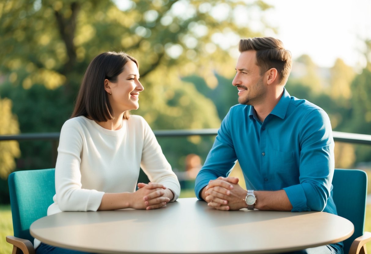 A couple sitting across from each other at a table, one speaking while the other listens attentively, with a warm and open body language