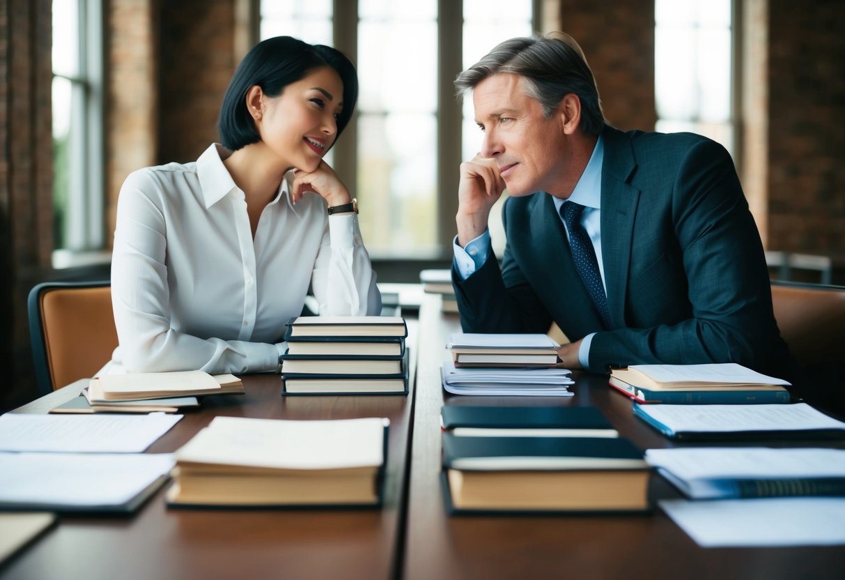 Two figures sit on opposite ends of a long table, with a stack of books and papers between them. One figure is speaking while the other listens intently, leaning in with a thoughtful expression