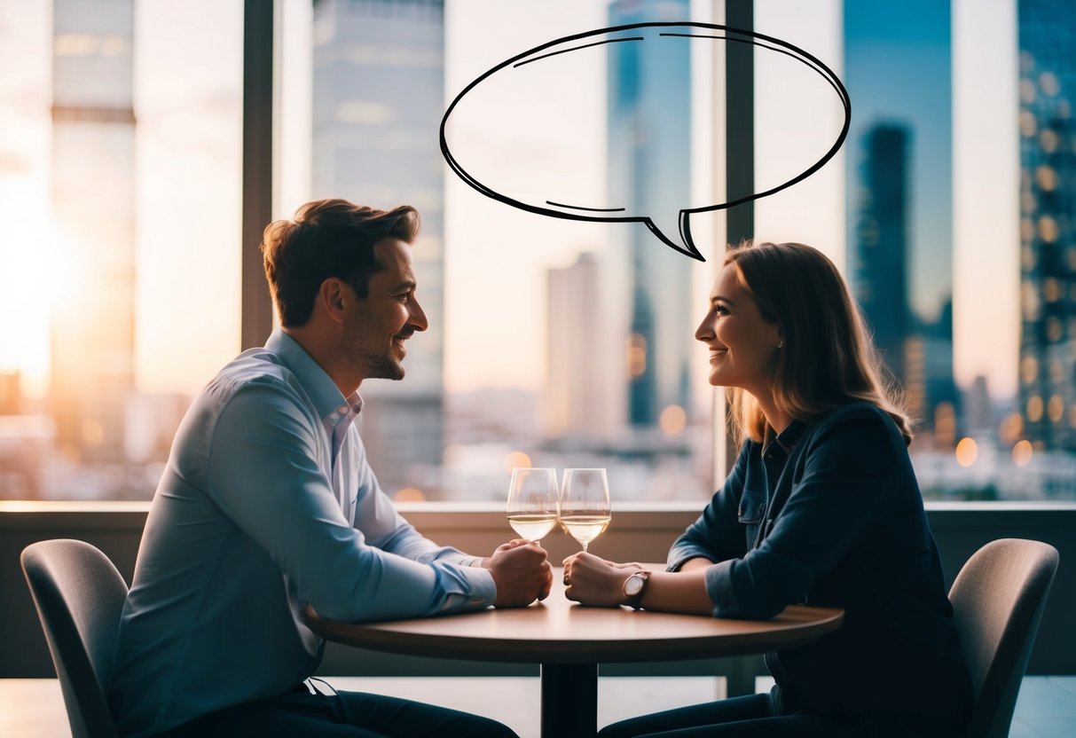 A couple sits across from each other at a table, exchanging glances and smiles. A speech bubble grows larger, representing their growing communication