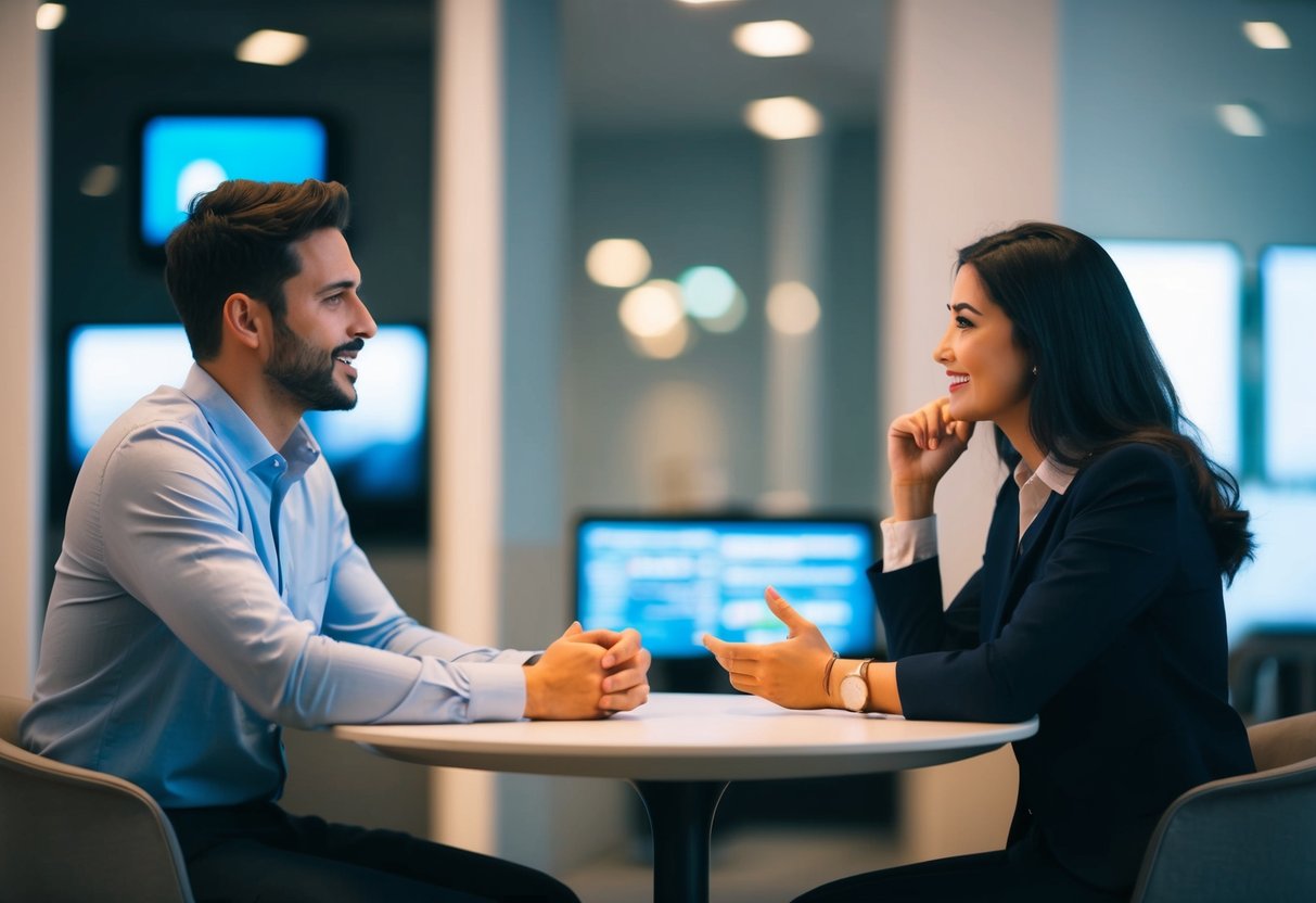 A couple sitting at a table, one person speaking while the other listens intently, with modern technology in the background