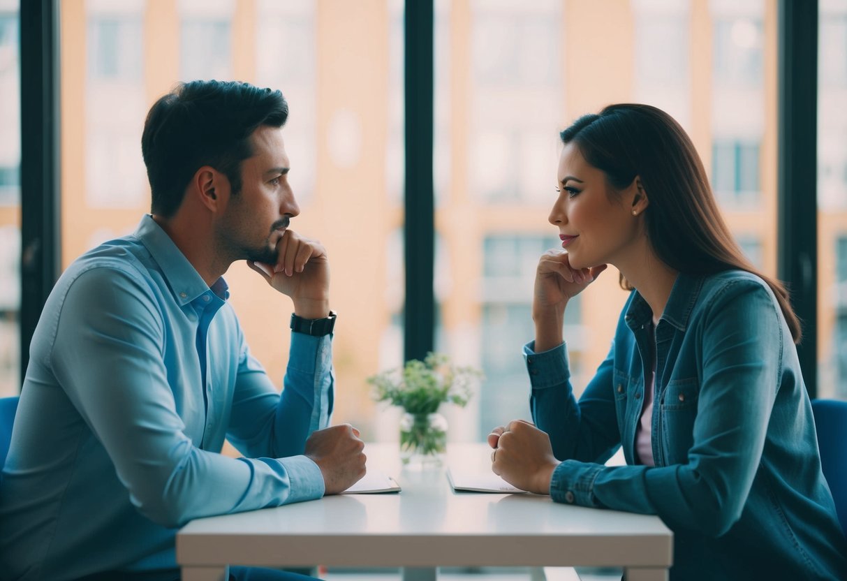 A couple sits across from each other at a table, engaged in deep conversation. Both individuals are actively listening and responding, showing signs of open and honest communication