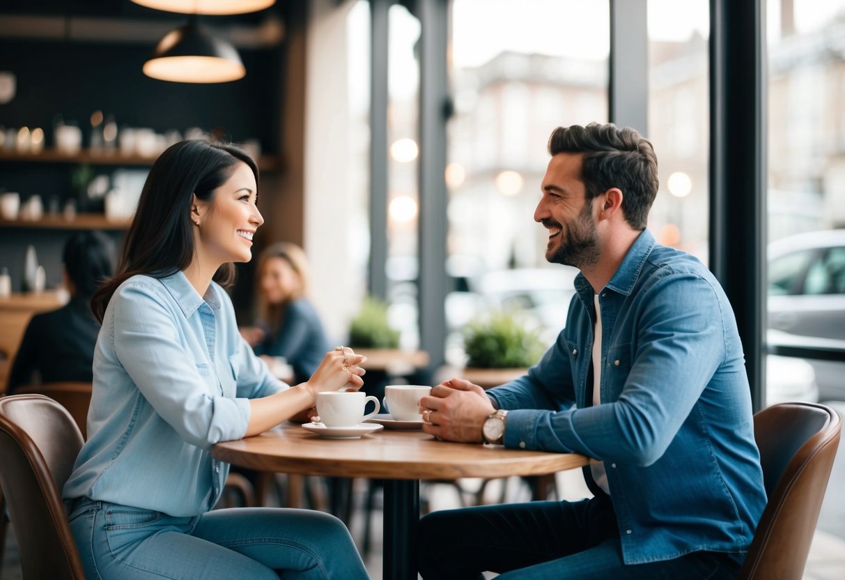 A man and woman sit across from each other at a cafe, engaged in deep conversation, smiling and making eye contact