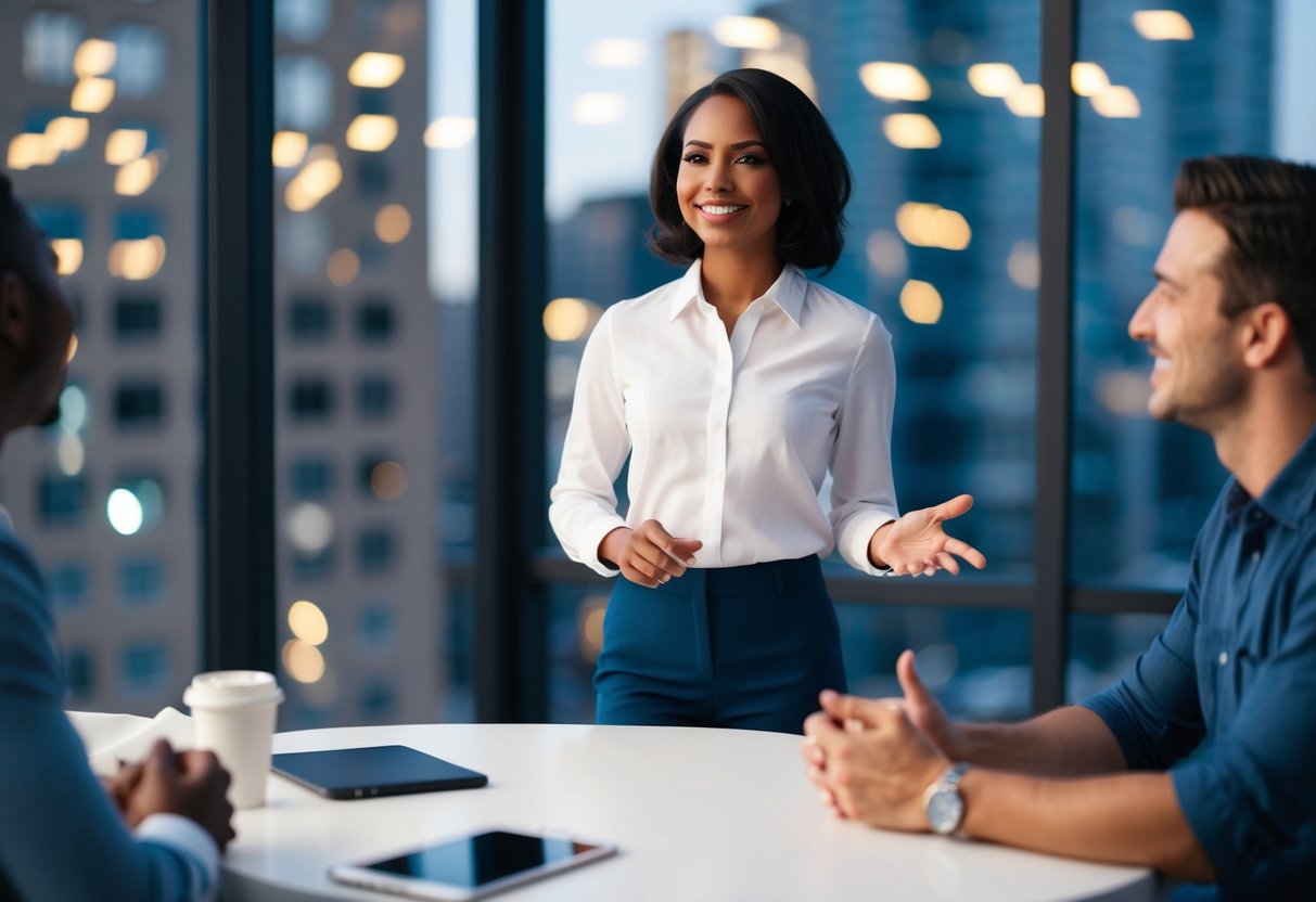 A person standing tall and making direct eye contact with a smile while engaging in conversation with another person