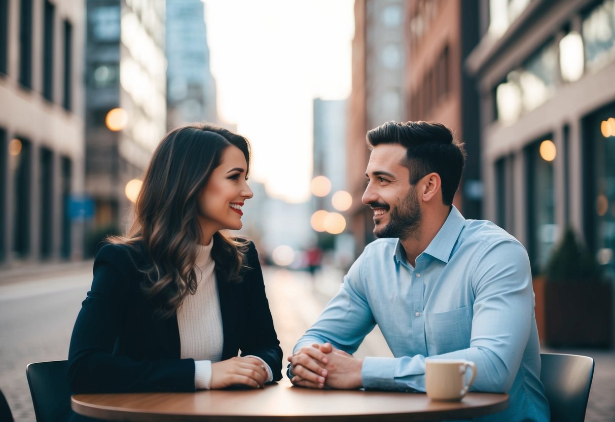 A couple sitting at a table, making eye contact and smiling while engaged in conversation