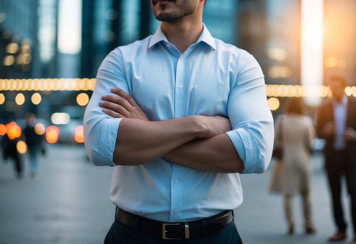 A person standing with arms crossed, confidently maintaining personal space while engaging in conversation