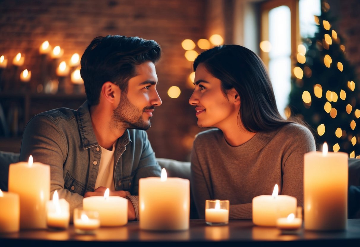 A couple sitting face to face, making eye contact and engaged in deep conversation, surrounded by soft candlelight and cozy ambiance