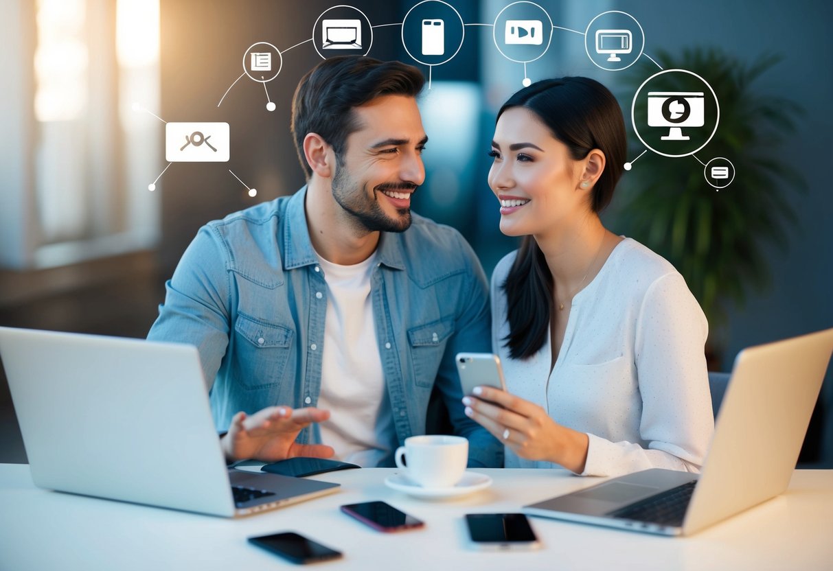 A couple engages in a video call, smiling and making eye contact, while surrounded by digital devices and icons representing online communication