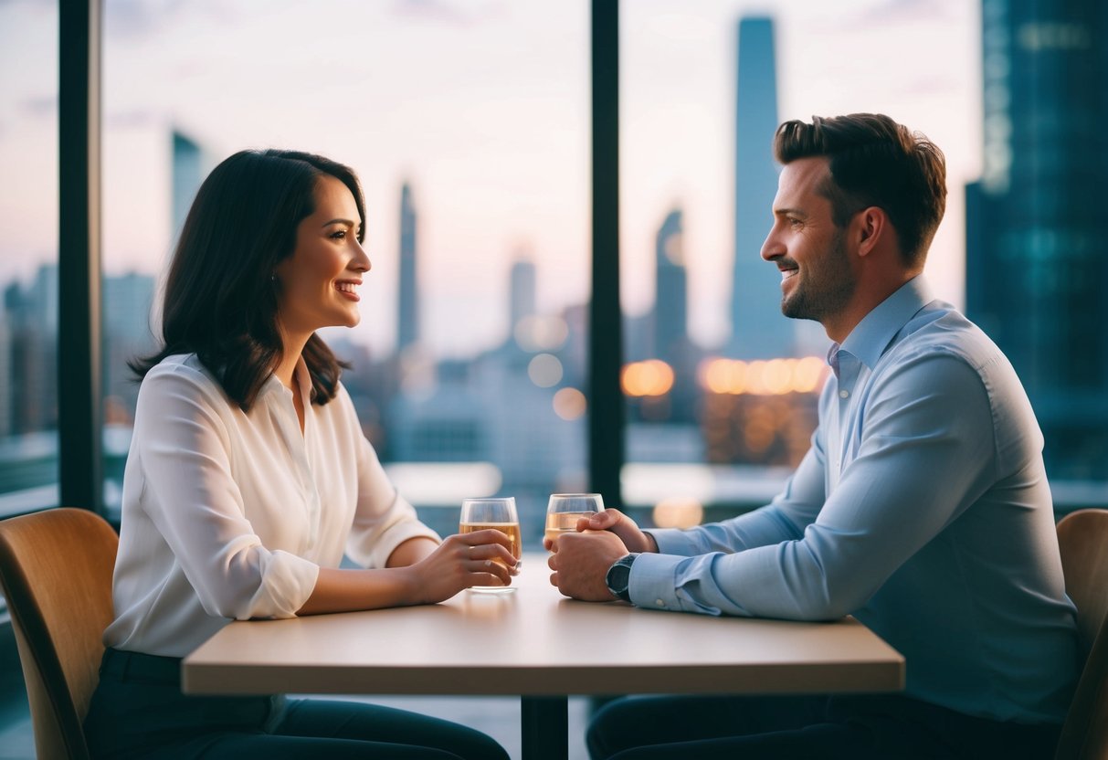 A couple sitting across from each other at a table, making eye contact and engaging in confident conversation