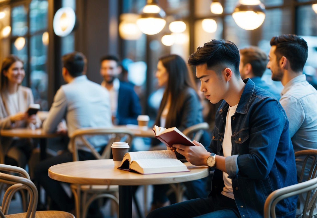 A person sitting at a table in a cafe, reading a book and sipping coffee alone while surrounded by couples and friends