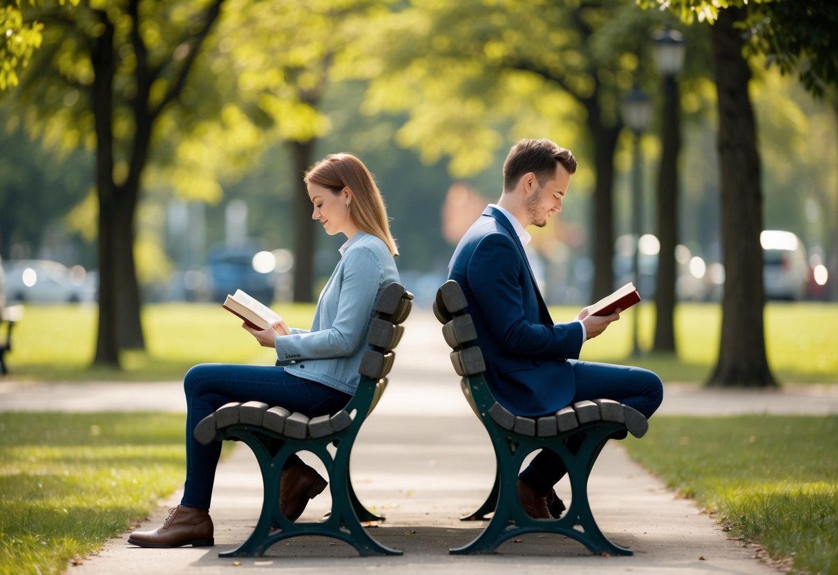 A couple sitting on separate park benches, each reading their own book with a small distance between them