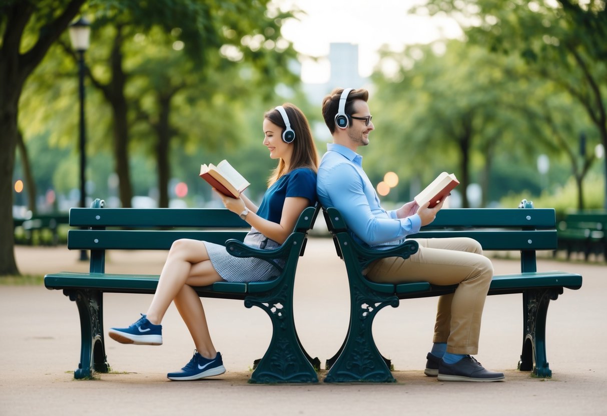 A couple sitting on separate park benches, reading books and sharing headphones to listen to music together