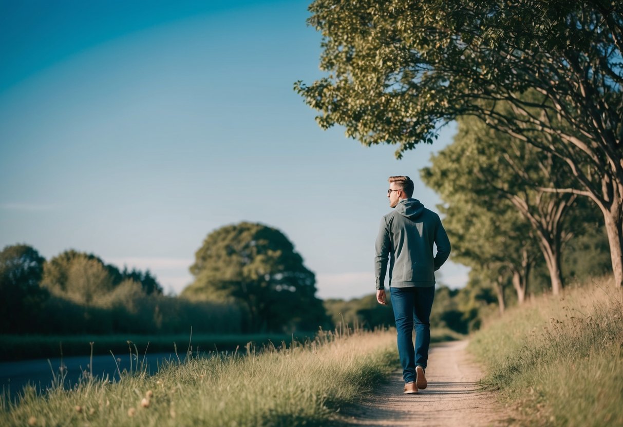 A person enjoying a peaceful walk alone in nature, surrounded by trees and a clear blue sky, representing independence and self-care while dating