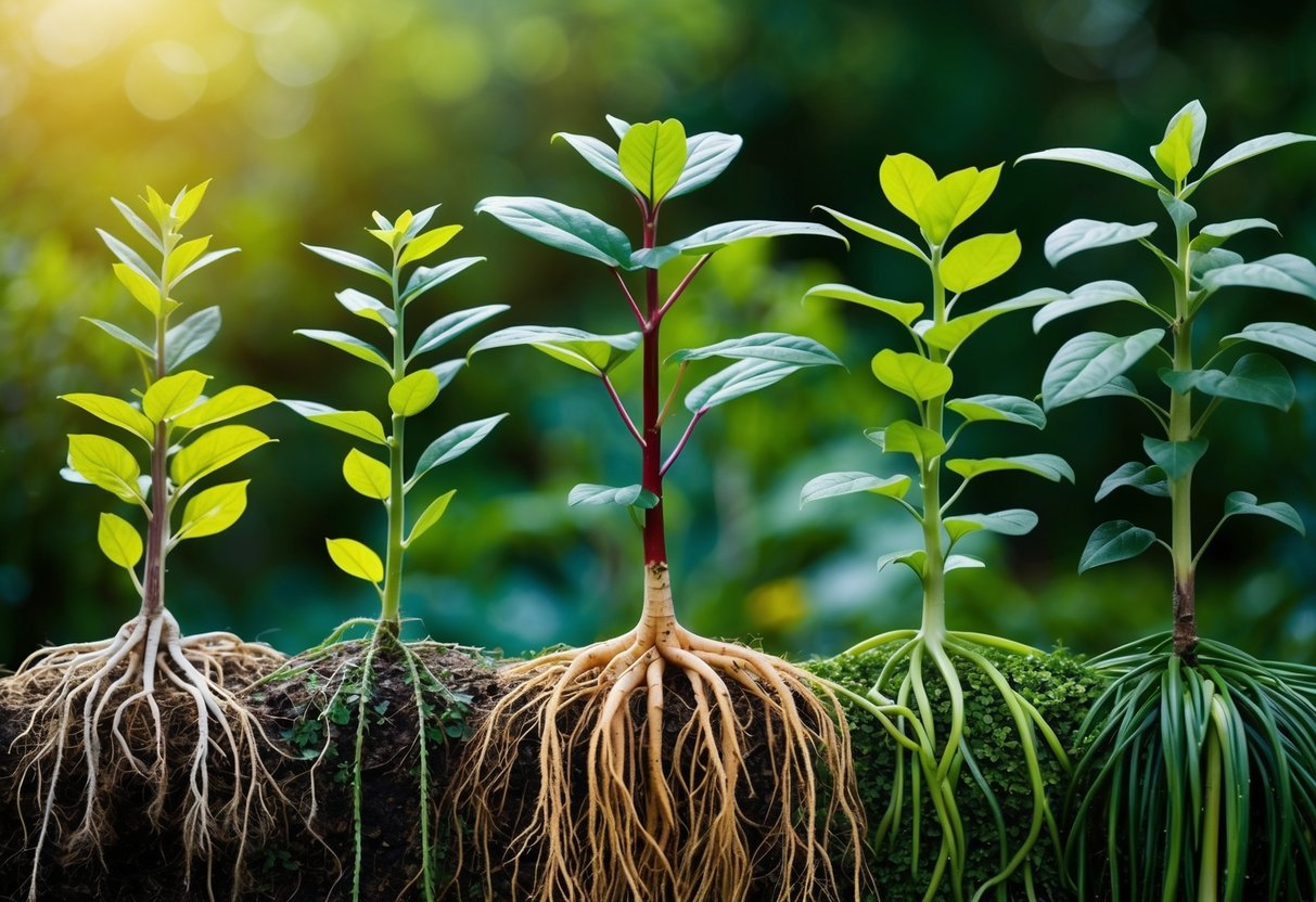 A group of diverse plants growing together, each standing tall and independent while their roots intertwine and support each other