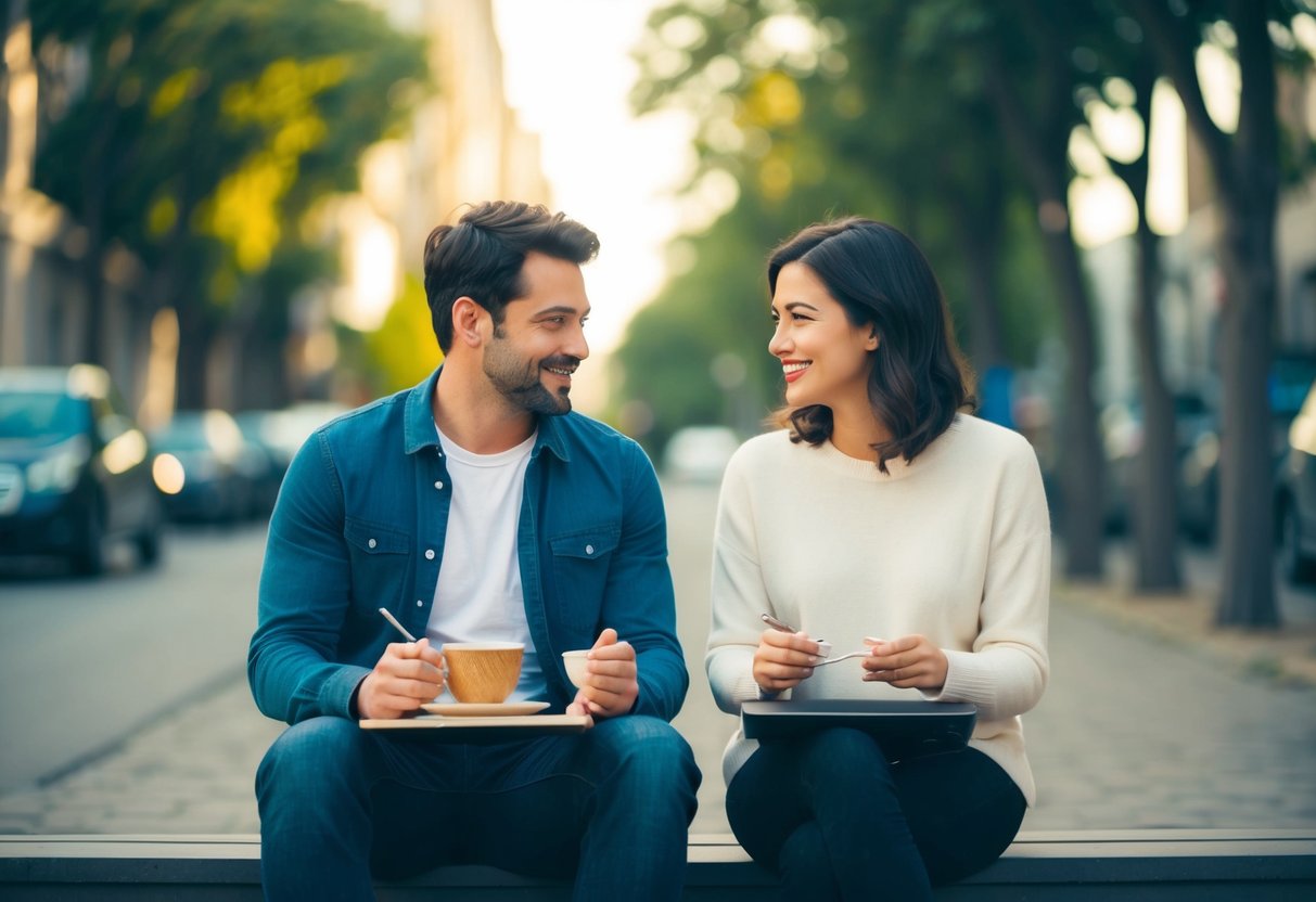 A couple sitting side by side, each engrossed in their own activities, but occasionally glancing at each other with a sense of contentment and mutual respect