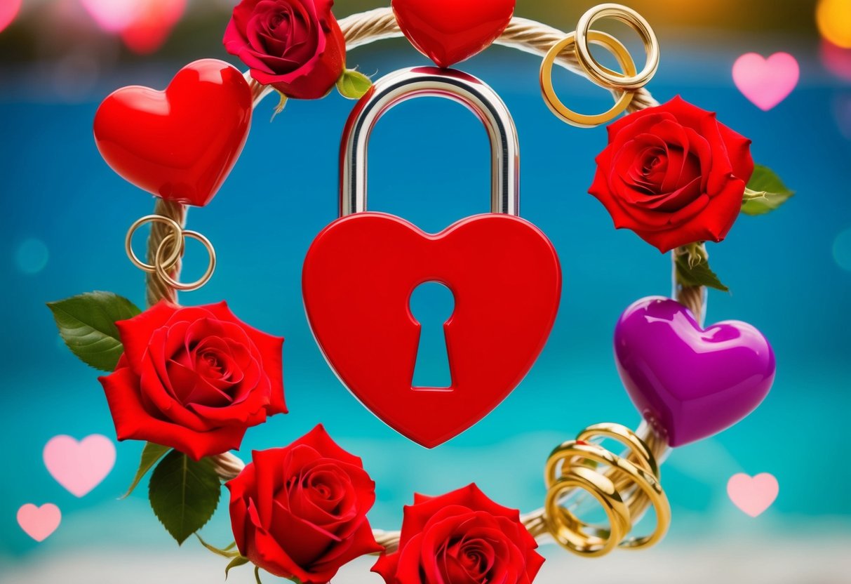 A heart-shaped lock with a keyhole surrounded by various symbols of love, such as hearts, roses, and intertwined rings, floating in a sea of vibrant colors