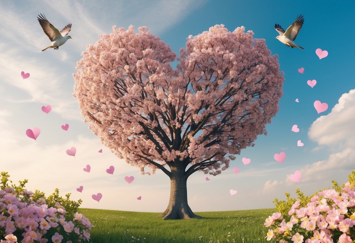 A heart-shaped tree surrounded by blooming flowers, birds flying overhead, and a gentle breeze carrying love notes in the air