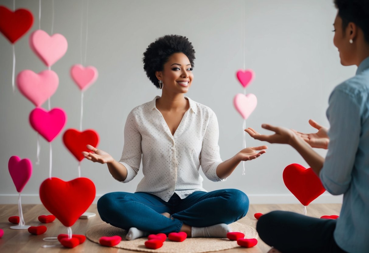 A person sitting cross-legged, surrounded by heart-shaped objects and listening attentively to another person speaking