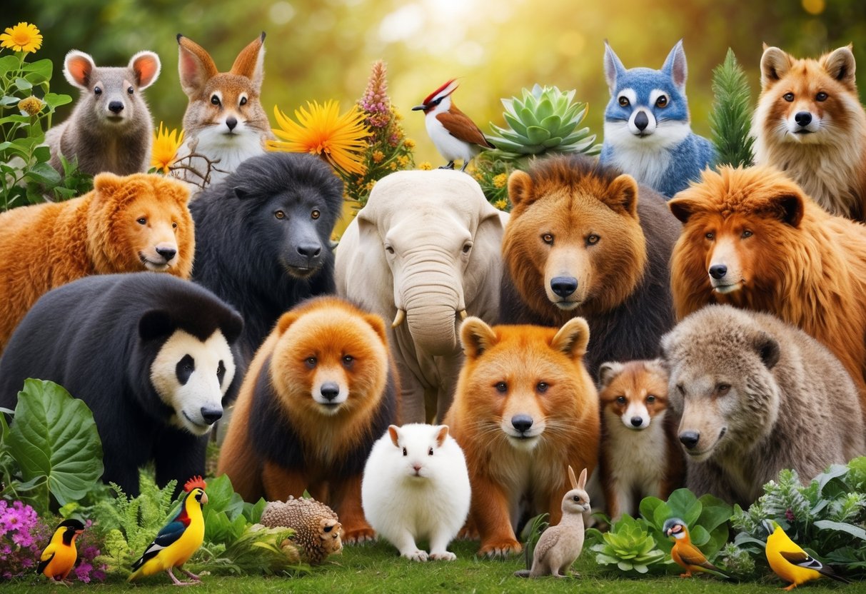 A diverse group of animals and plants coming together in a colorful and vibrant scene, each showcasing their unique characteristics and celebrating their differences