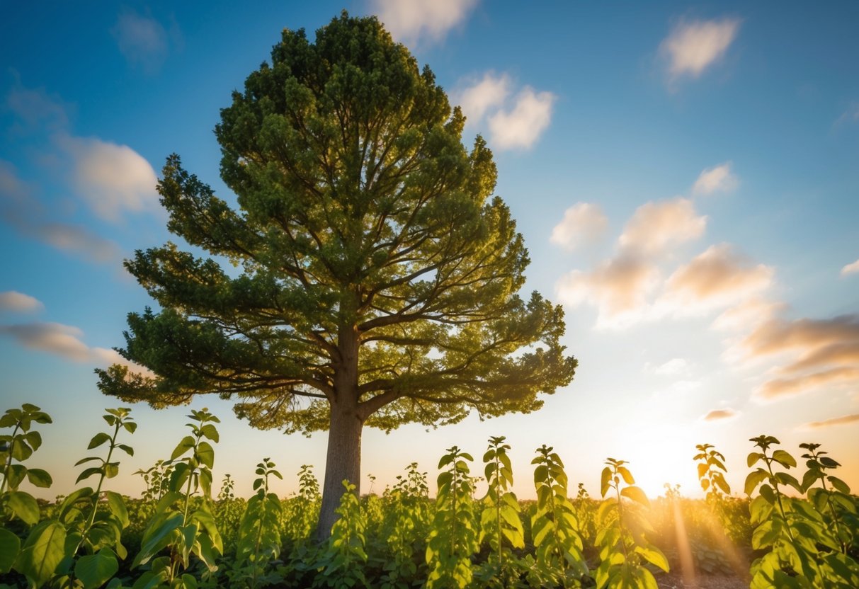 A tree growing tall and strong, surrounded by smaller plants reaching towards the sunlight, symbolizing personal growth and maintaining identity in love