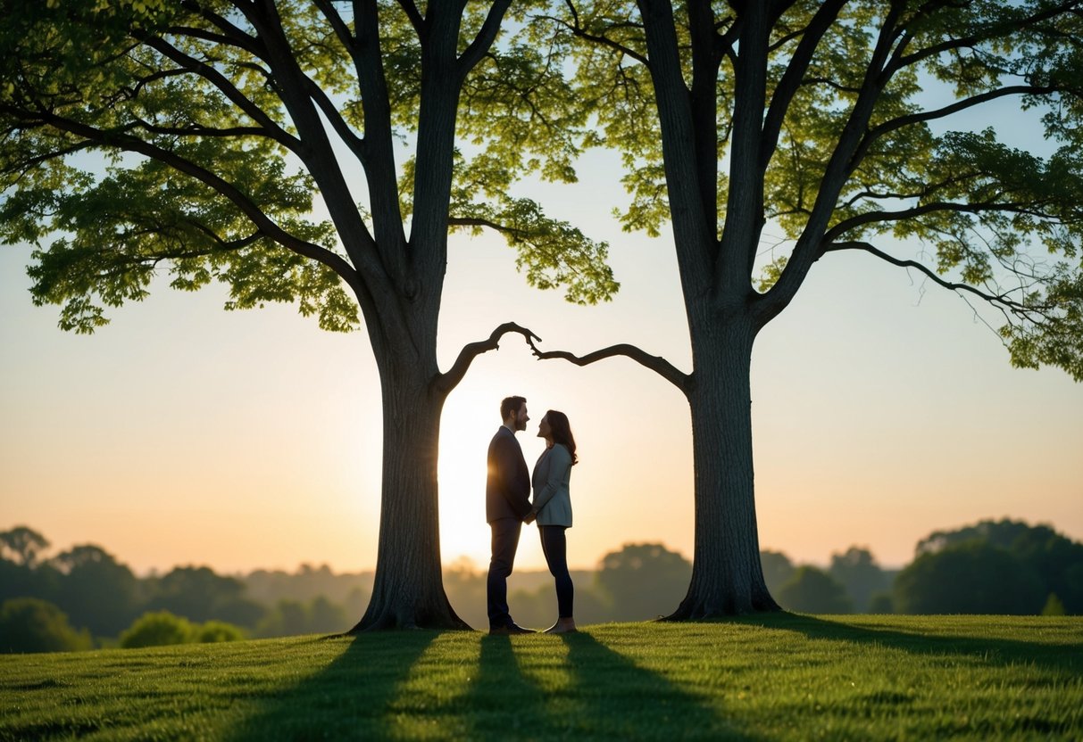 Two trees standing tall, with their branches reaching out but not touching, symbolizing the importance of respecting each other's space in love