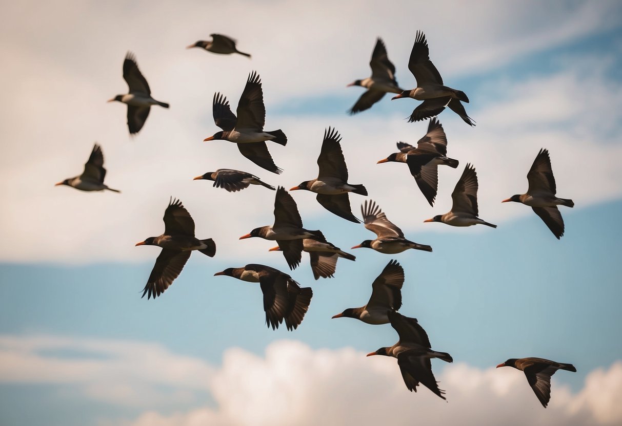 A group of birds flying together, yet each maintaining their own space and independence within the flock