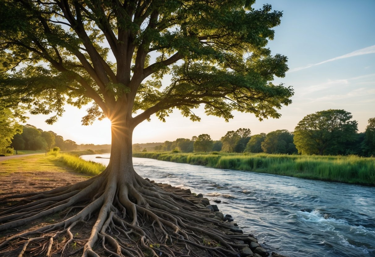 A tree with strong roots stands tall beside a flowing river, symbolizing the balance between independence and togetherness in relationships