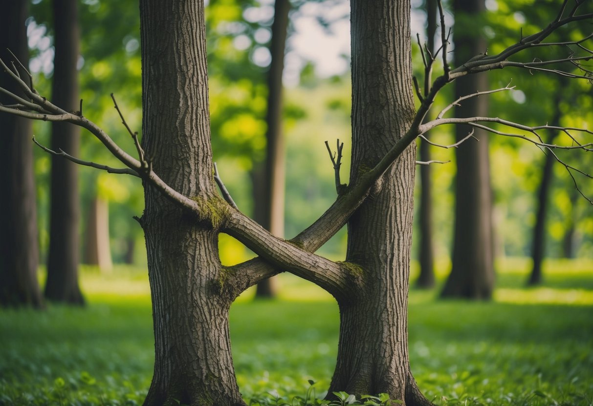 A pair of trees, their branches intertwined, stand side by side in a lush forest, symbolizing the delicate balance of togetherness and independence in partnership