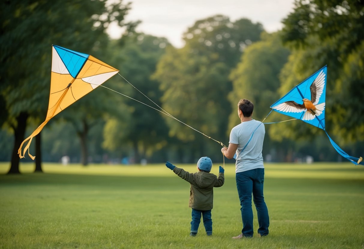 A person and a bird flying kites in a park, with one kite representing togetherness and the other representing independence