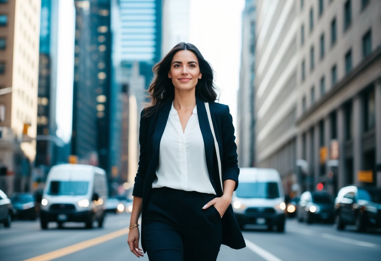 A woman confidently walking alone on a city street, surrounded by tall buildings and bustling with activity