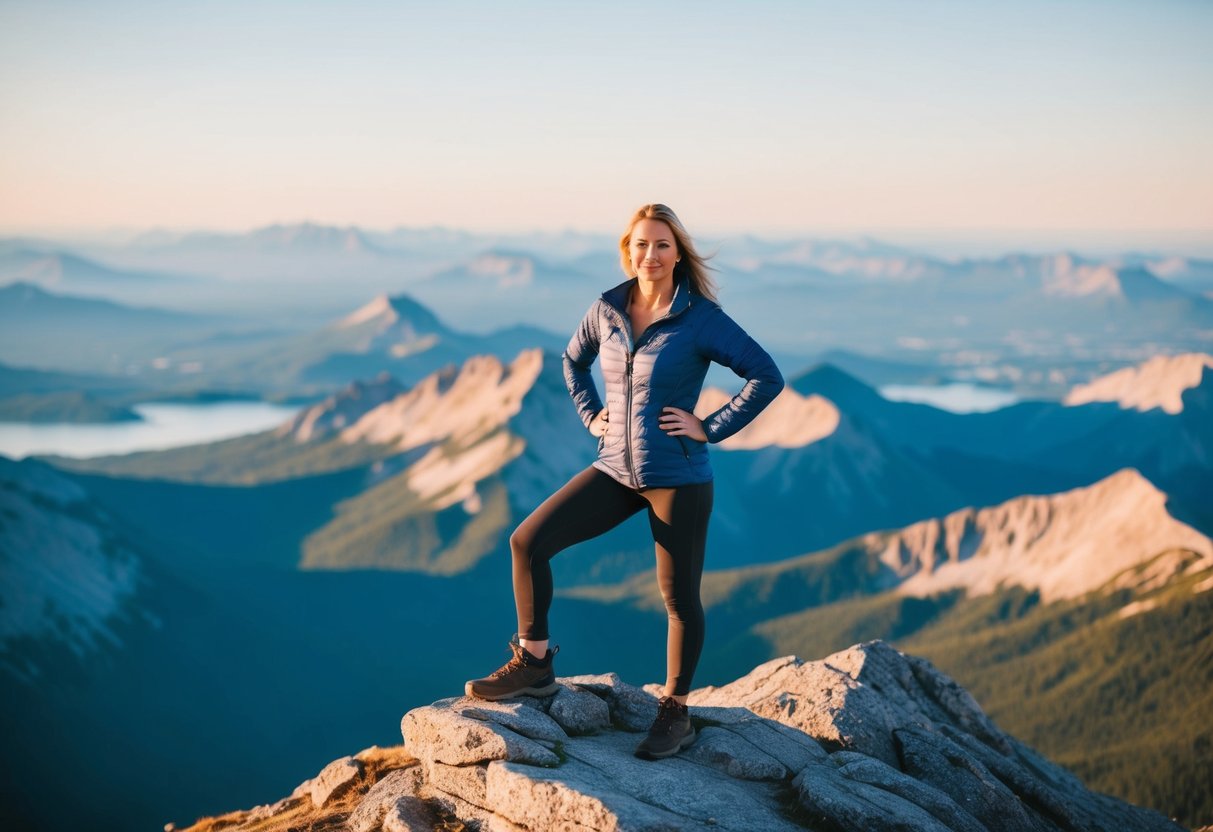 A woman standing confidently on a mountain peak, surrounded by a beautiful and expansive landscape, symbolizing self-discovery and personal growth