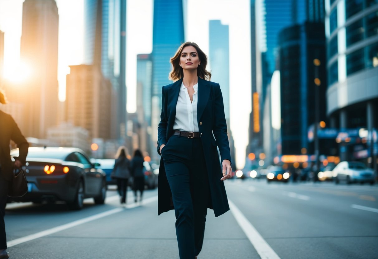 A woman confidently walks alone through a bustling city, surrounded by skyscrapers and busy streets. She exudes independence and determination in her stride