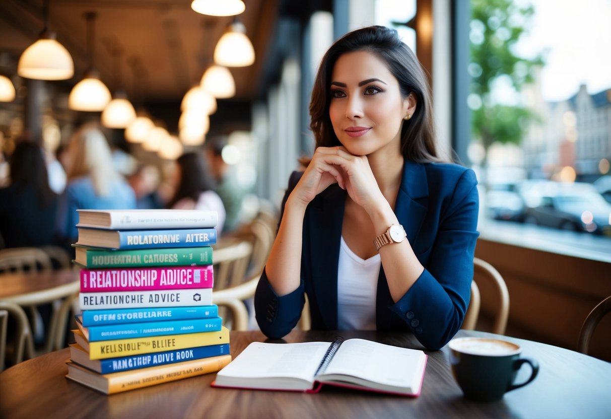 An independent woman sitting at a cafe table, surrounded by a stack of relationship advice books and a notebook, pondering her dating choices