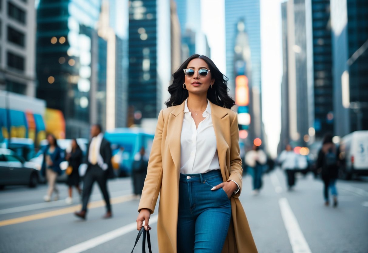 A woman confidently walks through a bustling city, surrounded by skyscrapers and vibrant street life, exuding independence and self-assurance