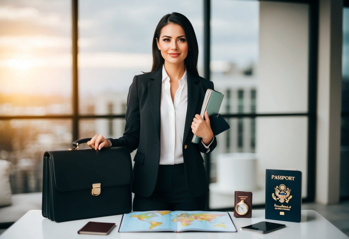 A woman confidently stands alone, surrounded by symbols of independence such as a briefcase, passport, and a map