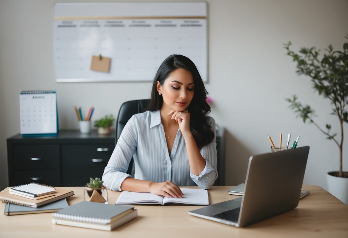 A woman sitting at a desk, surrounded by calendars, notebooks, and a laptop. She is deep in thought, planning her future and dating life