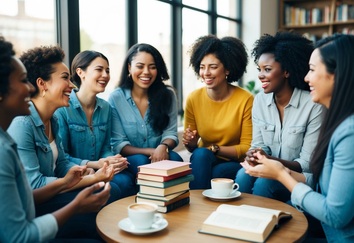 A group of diverse women sitting in a circle, chatting and laughing, with a stack of books and a cup of coffee on the table